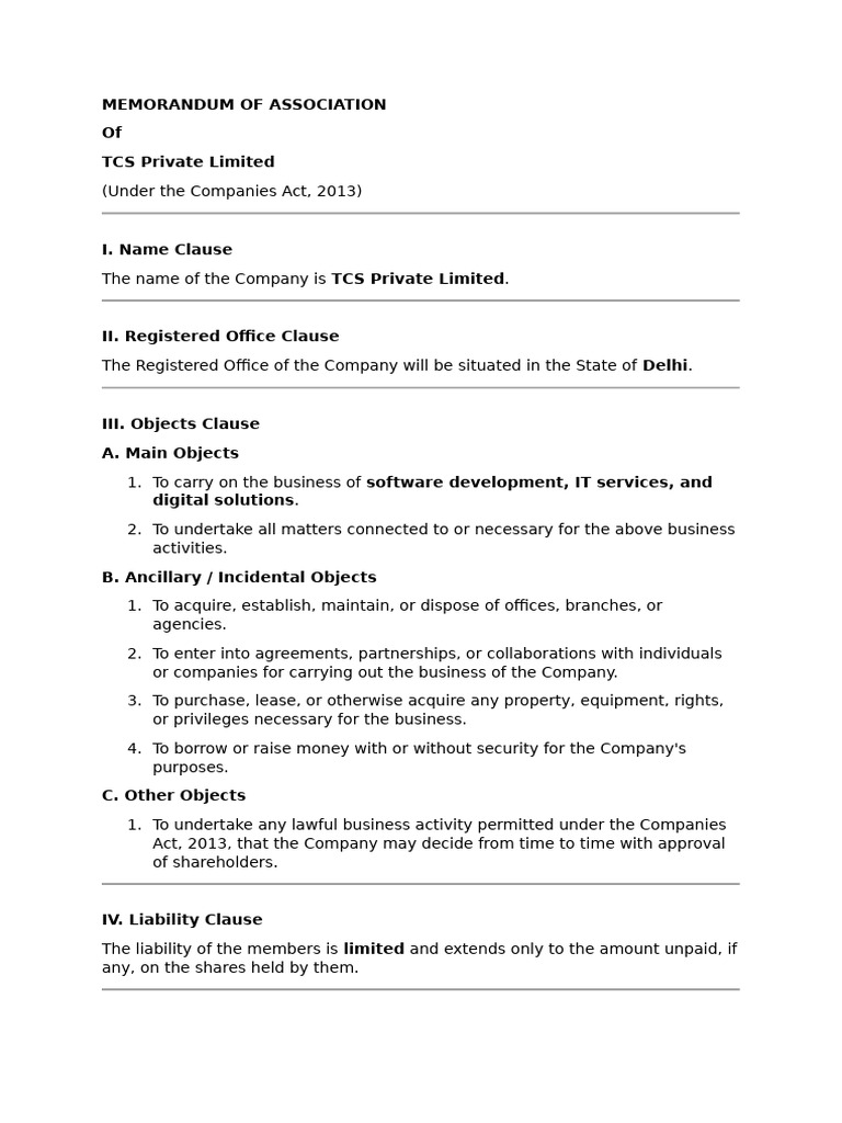TCS Private Limited Memorandum of Association | PDF | Corporations ...