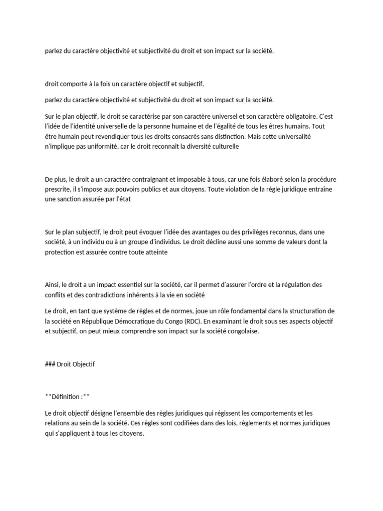 Objectivité et subjectivité du droit en RDC | PDF | Droits fondamentaux ...