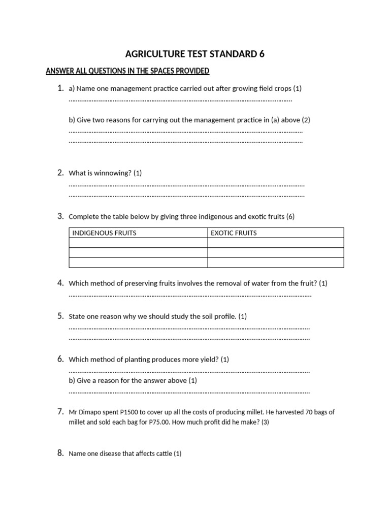 Agriculture Test Standard 6 | PDF