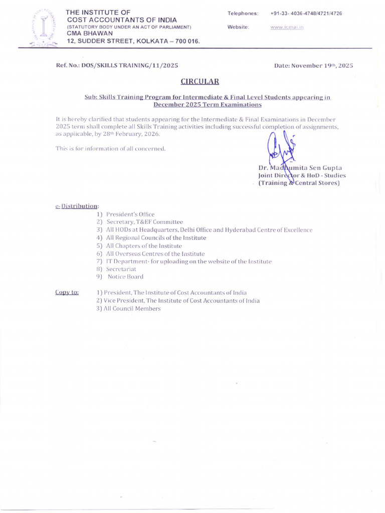 Circular on Skills Training Program for Intermediate & Final Level ...