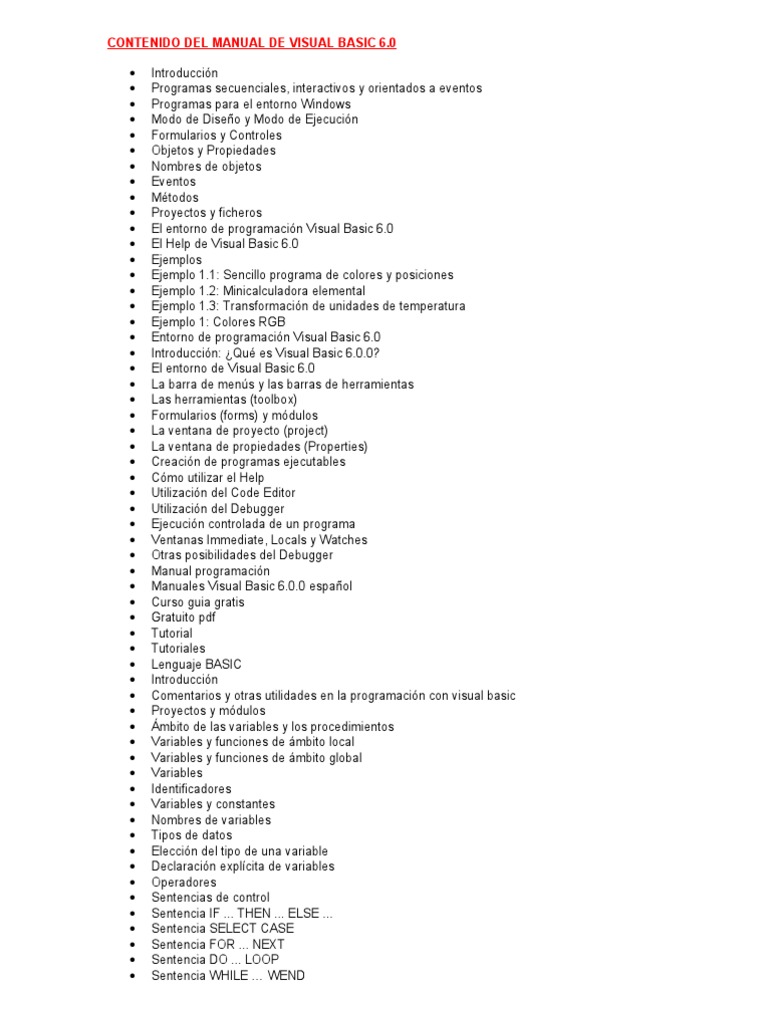 Contenido Del Manual de Visual Basic 6.0 | PDF | Básico | Archivo de ...