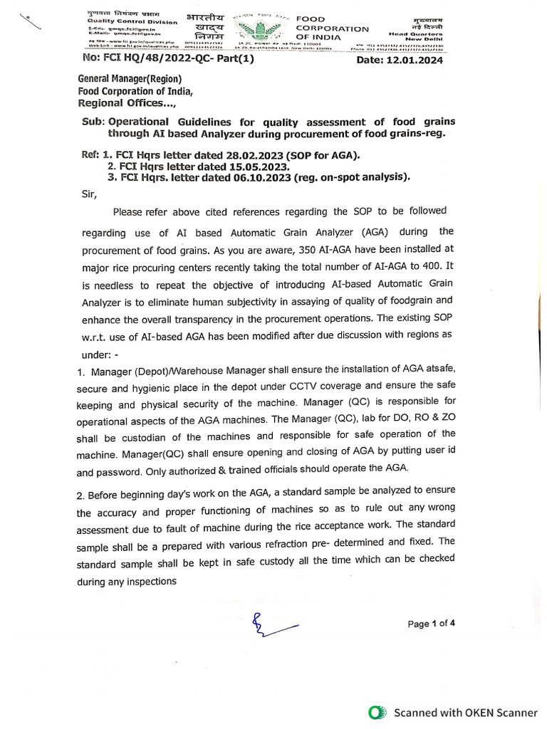 Operational Guidelines For Food Grain Analysy Through AGA - 12.1.24 | PDF
