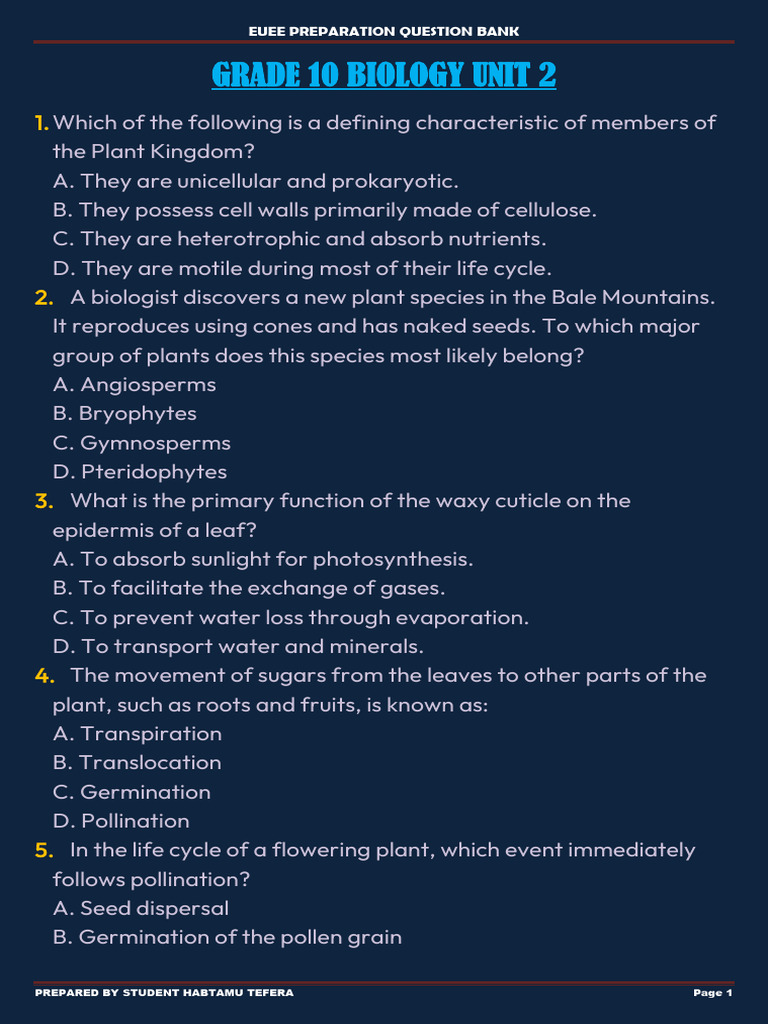 Grade 10 Biology Plant Kingdom Quiz | PDF | Leaf | Seed
