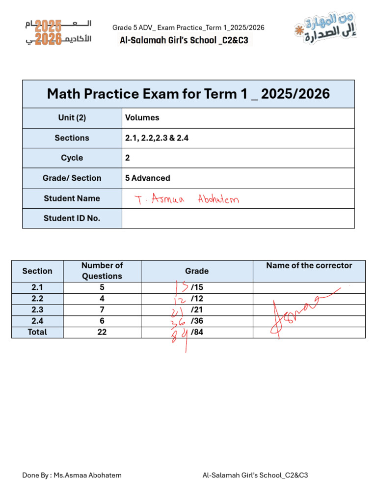 Grade5 ADV Math Final Exam Practice 2025-2026 | PDF | Volume | Subtraction