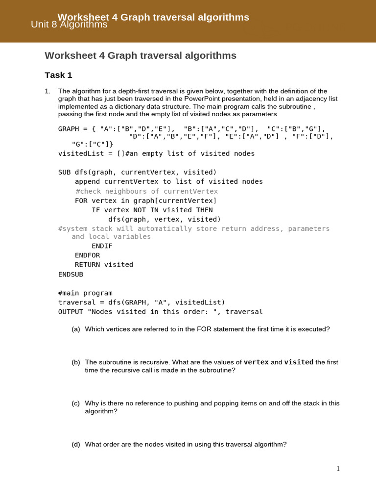 Graph Traversal Algorithms Worksheet | PDF | Discrete Mathematics ...