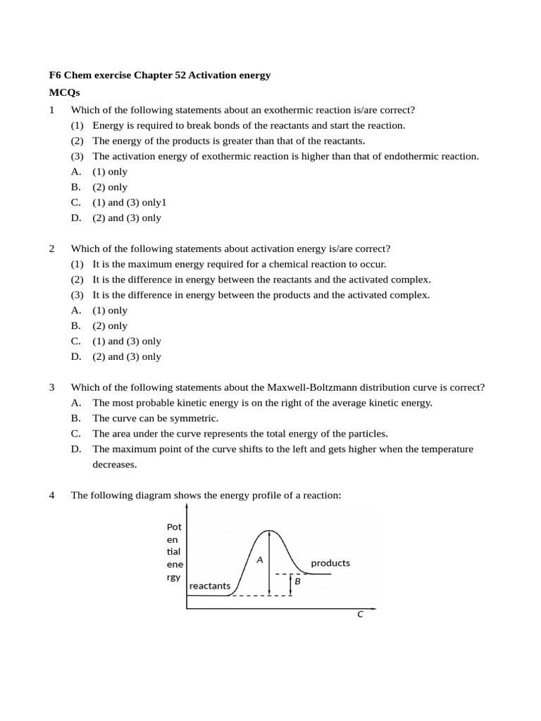 Activation Energy and Reaction Rates MCQs | PDF | Chemical Reactions ...