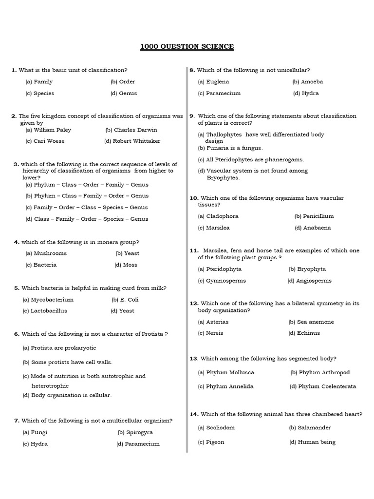 1000 Science Questions for Study | PDF | Tissue (Biology) | Cytoplasm