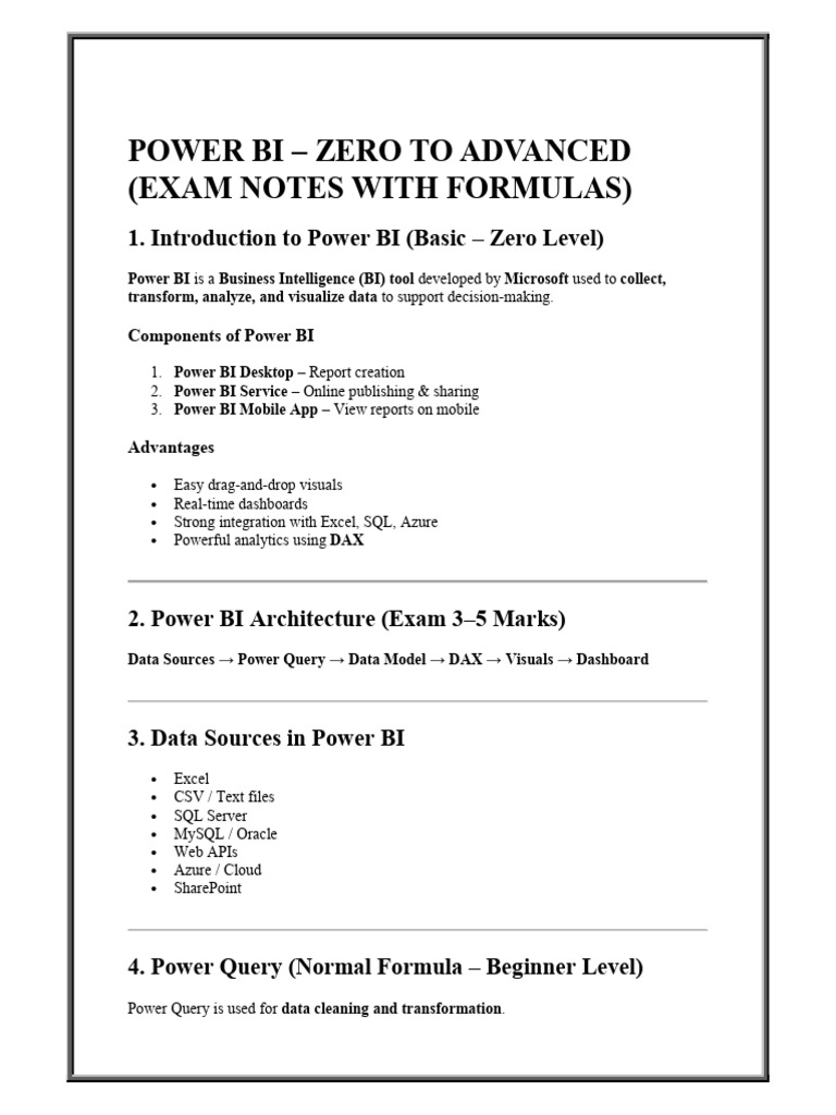 Power BI Exam Notes & Formulas Guide | PDF | Data Management | Computing
