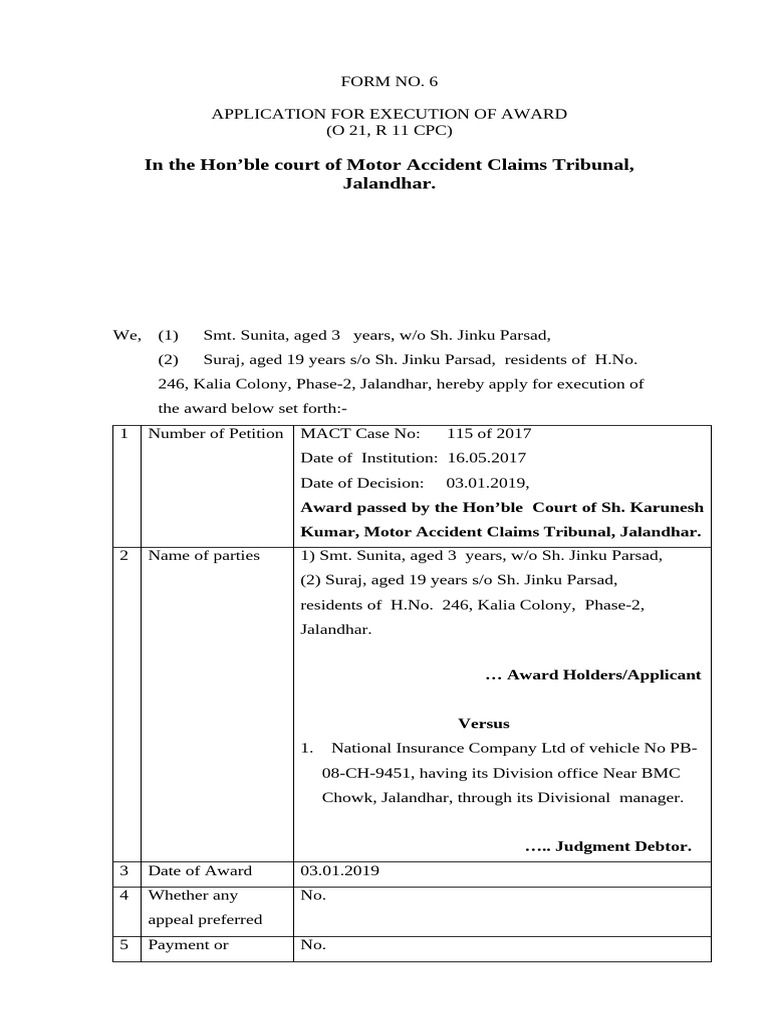 Execution Application for MACT Award | PDF | Common Law | Private Law