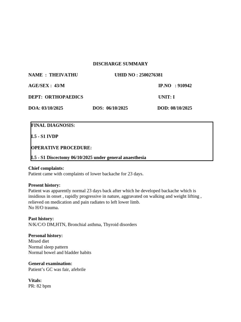 L5-S1 Discectomy Discharge Summary | PDF | Back Pain | Human Diseases ...