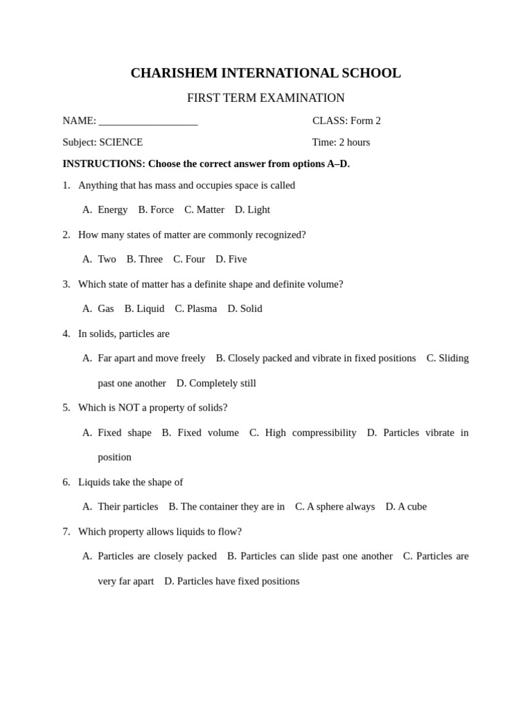 Form 2 Science Exam Questions | PDF | Gases | Chemical Elements