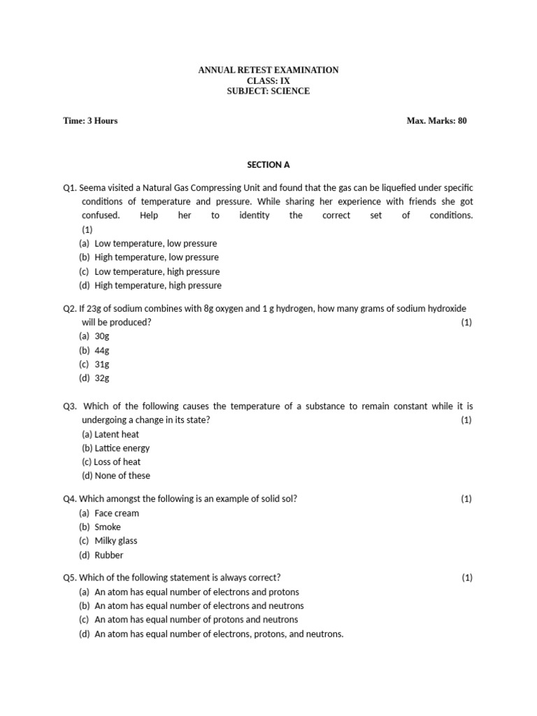 IX Chemistry Annual QP | PDF | Atoms | Chemistry