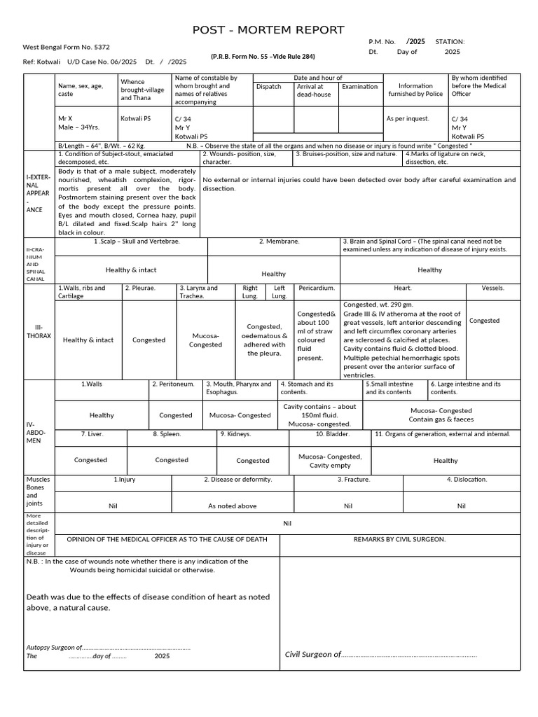 Postmortem Report: Cause of Death Analysis | PDF | Lung | Anatomy