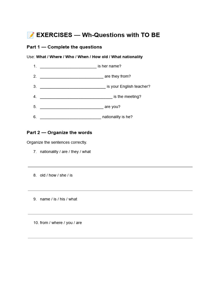 ? Exercises - Wh-Questions With To Be | PDF