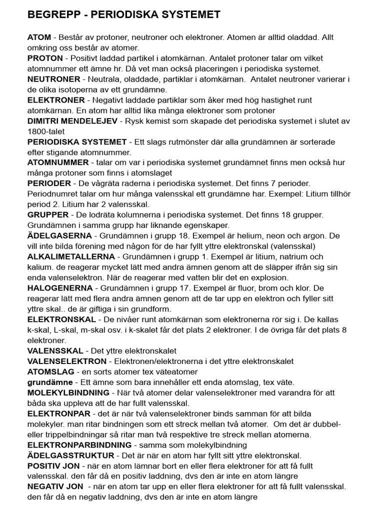 Begrepp - Periodiska Systemet | PDF