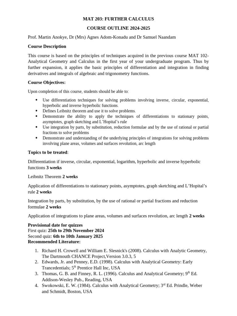 MAT 203 Outline-Current 2024-2025 | PDF