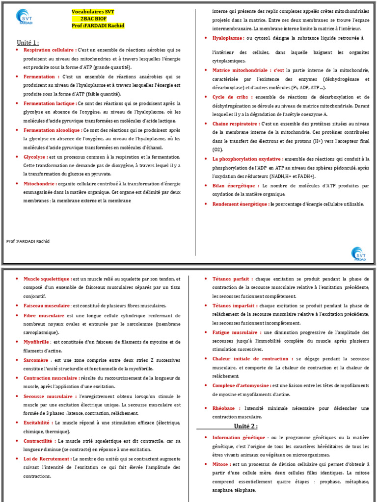 Vocabulaires SVT pour 2BAC BIOF | PDF | ADN | Muscle