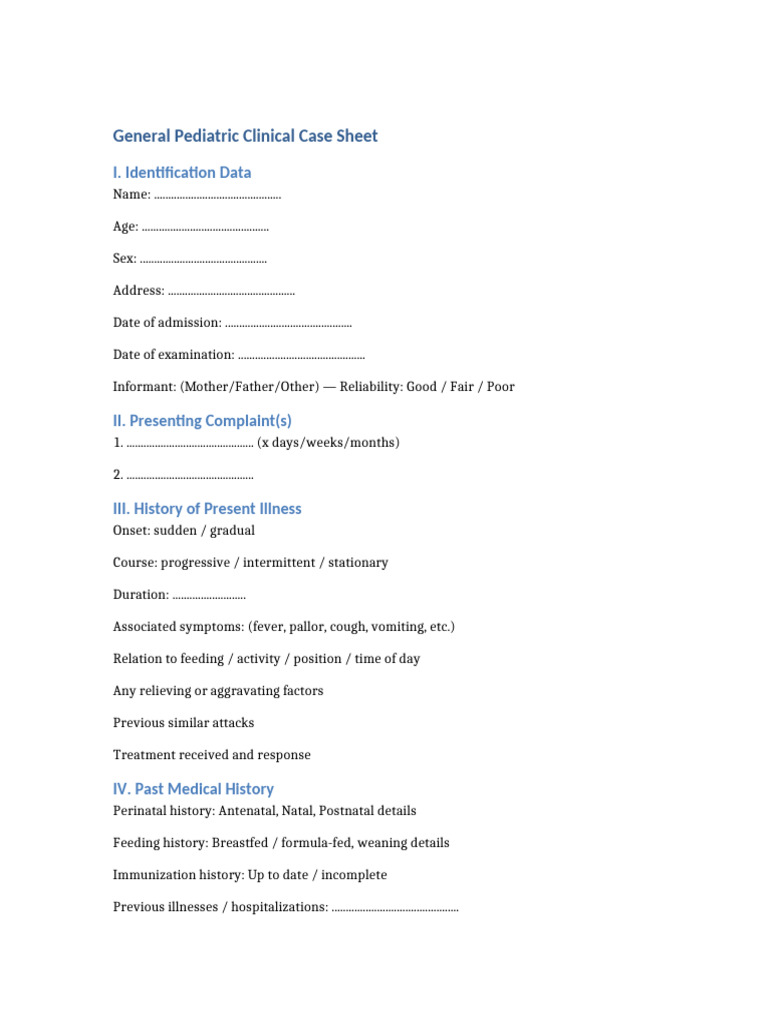 Pediatric Clinical Case Sheet Template | PDF | Human Diseases And ...