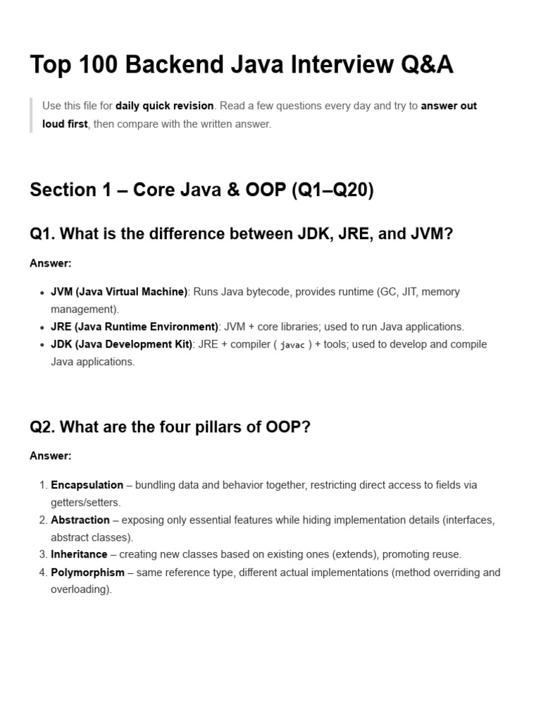 Top 100 Java Backend Interview Q&A | PDF | Java Virtual Machine ...