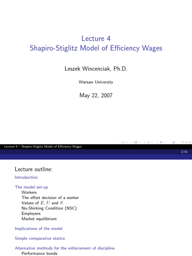 Shapiro Stiglitz Model of Efficiency Wages PDF Labour Economics
