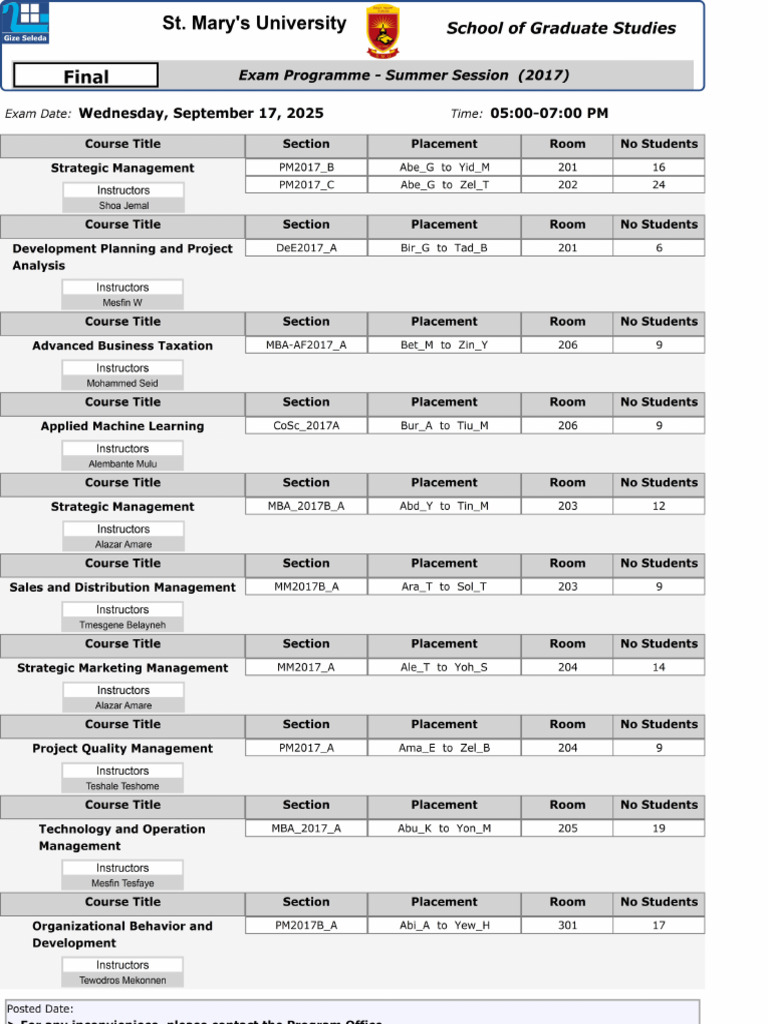Update SGS New Entrant Student Summer Session Final Final Exam Schedule ...