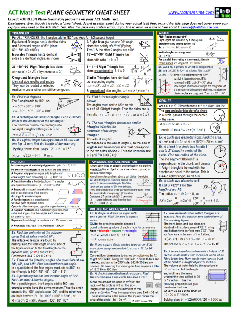 ACT Plane Geometry Cheat Sheet | PDF