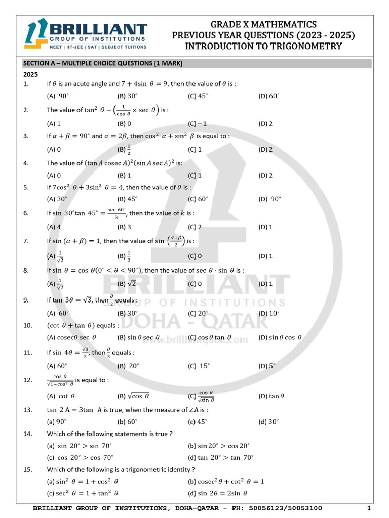 Introduction To Trigonometry (Pyq-2023-25) | PDF