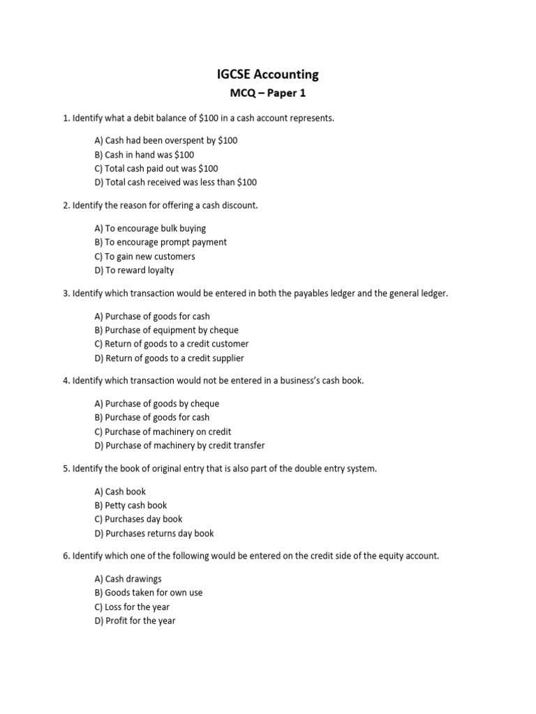 IGCSE Accounting MCQ Practice Questions | PDF | Debits And Credits ...