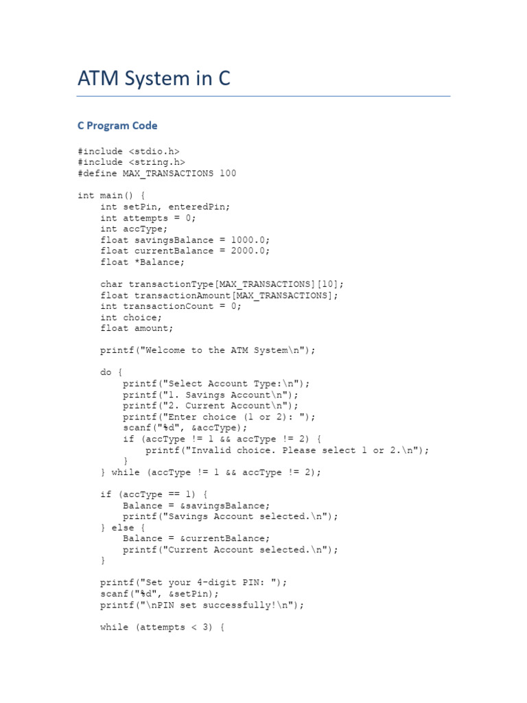 C ATM System Program Code | PDF | Systems Engineering | Computer Libraries