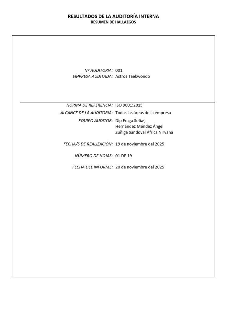 Resultados Auditoría Interna ISO 9001 | PDF | Planificación | Calidad ...