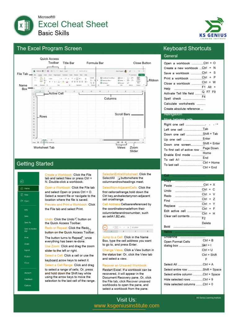 Excel 2019 Basic Skills Cheat Sheet | PDF | Microsoft Excel | Software