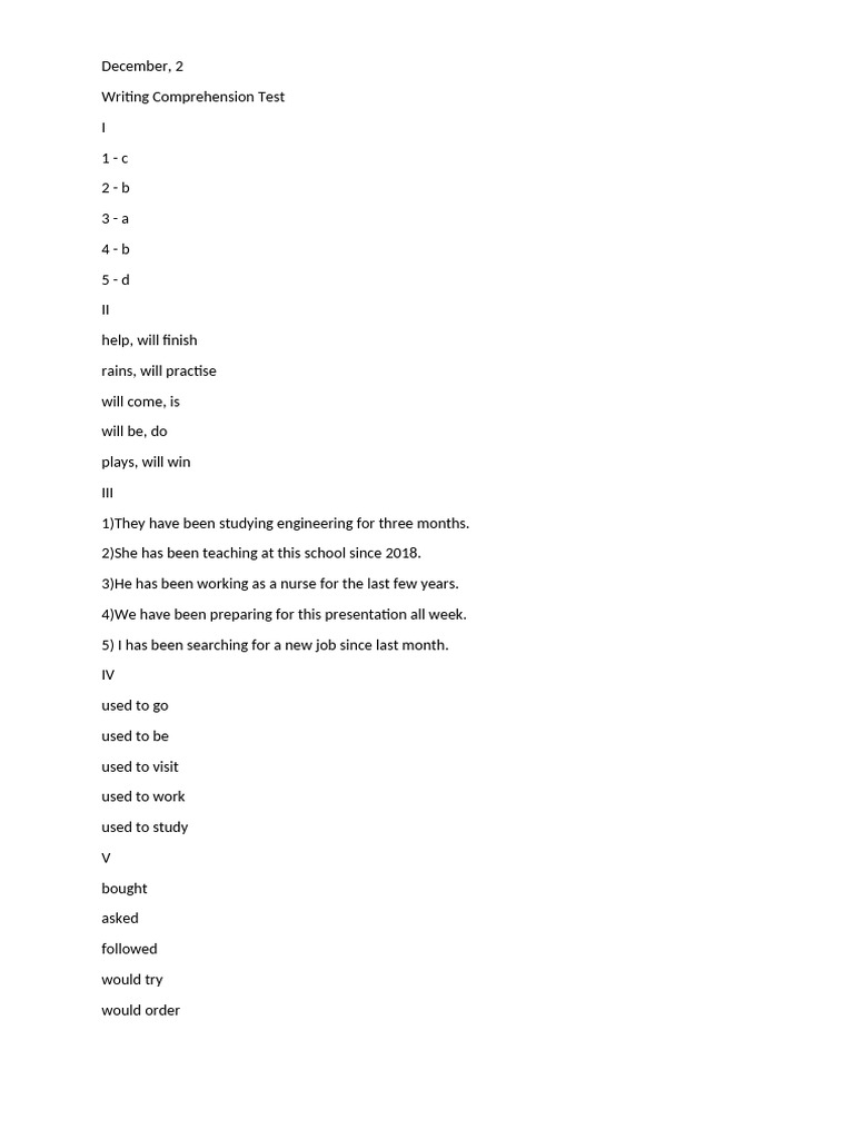 Writing Comprehension Test Answers | PDF