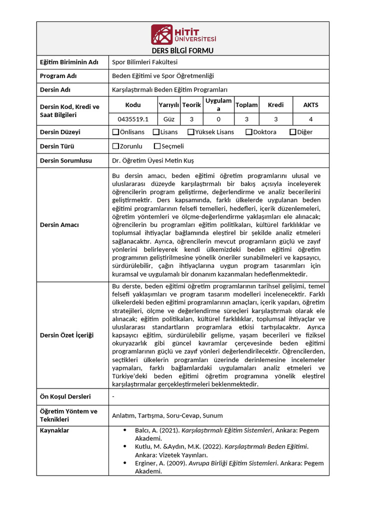 Karsilastirmali Beden Egitimi Programlari Izlence | PDF