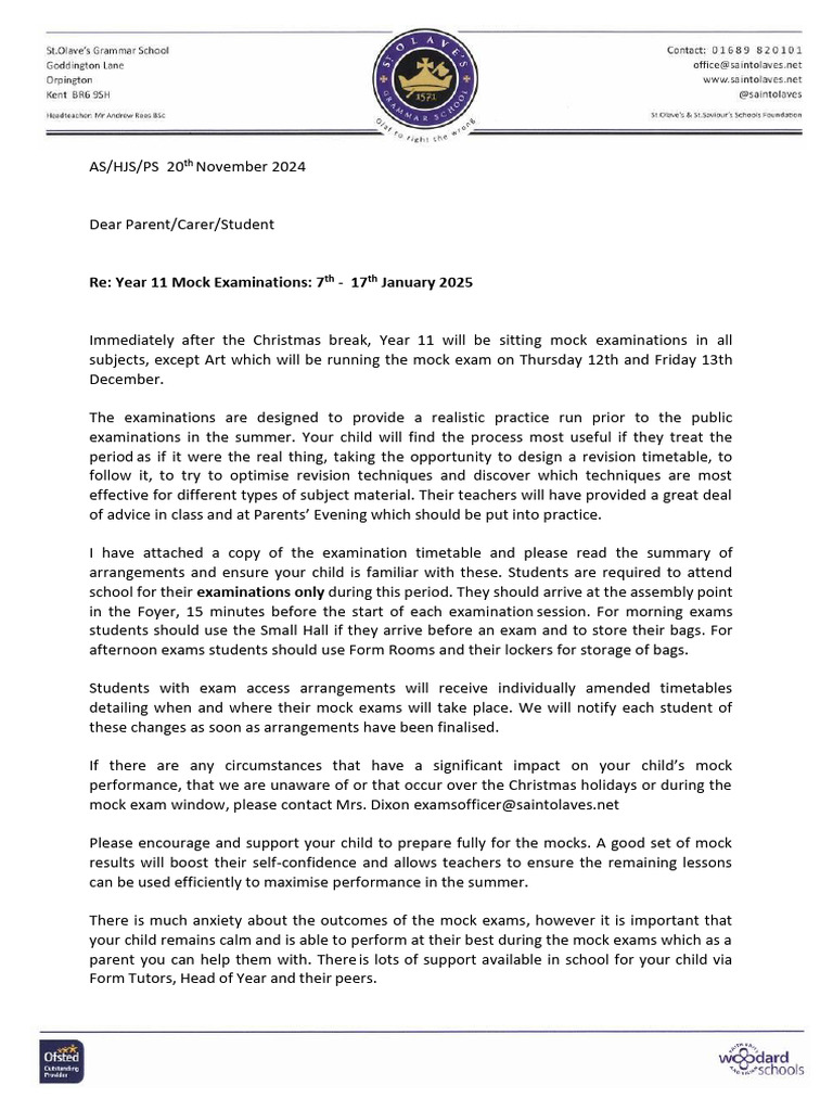 Y11 Mock Exams Jan 2025 Letter | PDF