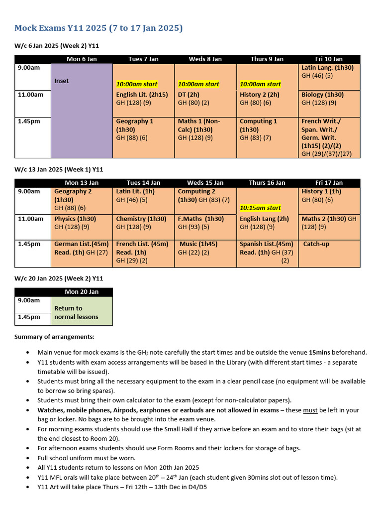 Y11 Mock Exam Schedule January 2025 | PDF