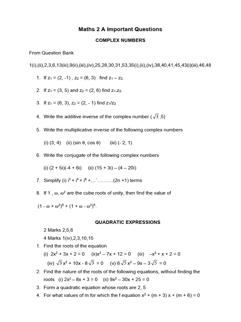 Important Maths Questions: Complex Numbers & Quadratics | PDF ...