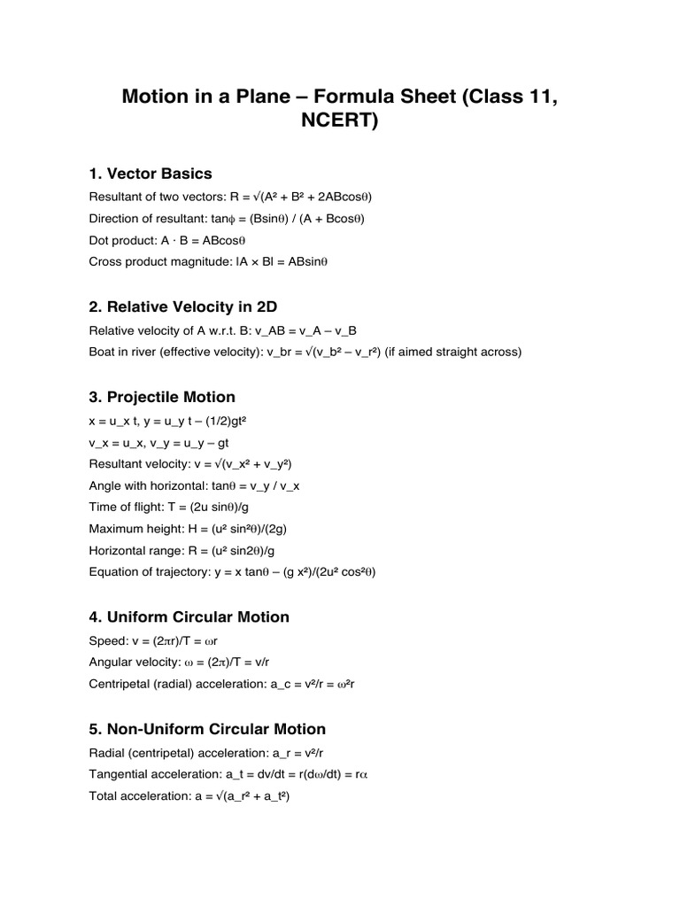 Motion in a Plane Formula Sheet | PDF