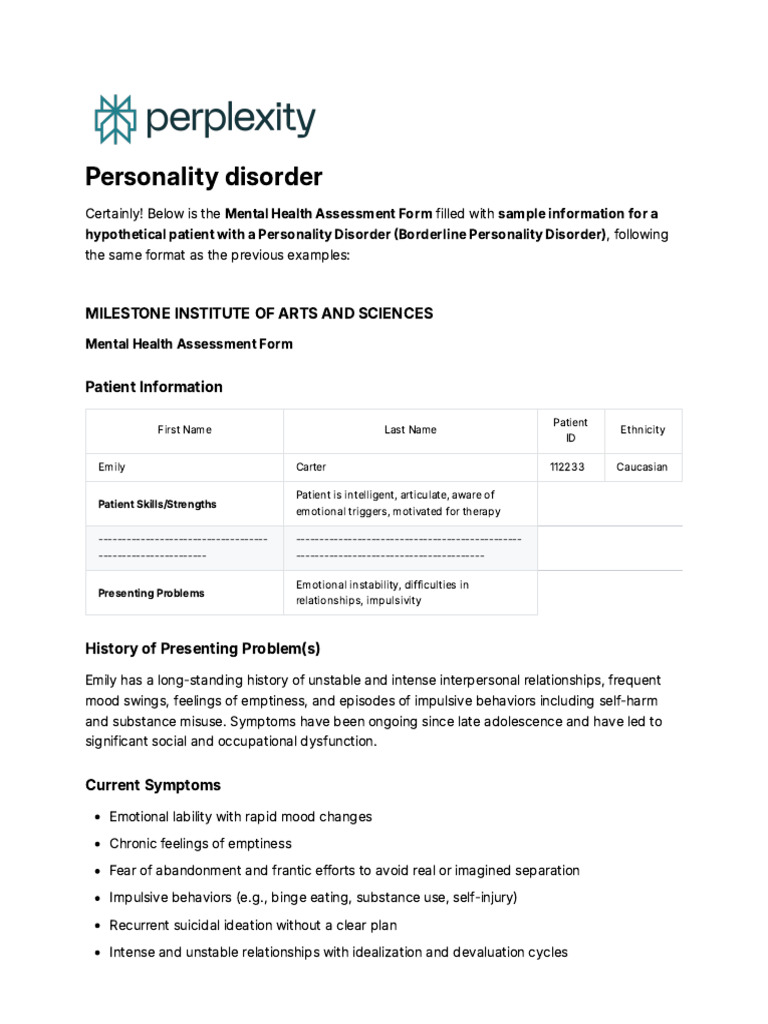 Mental Health Assessment: BPD Case Study | PDF | Mental Disorder | Self ...