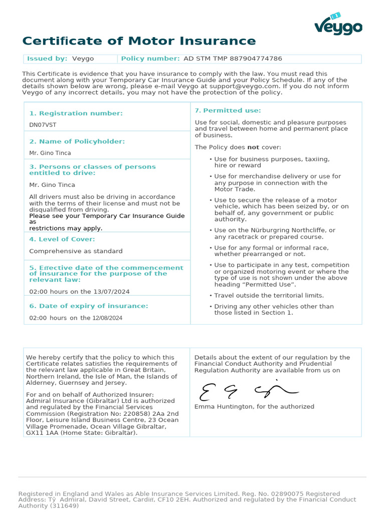 DN07VST Temporary Cover Certificate of Motor Insurance 3 | PDF ...