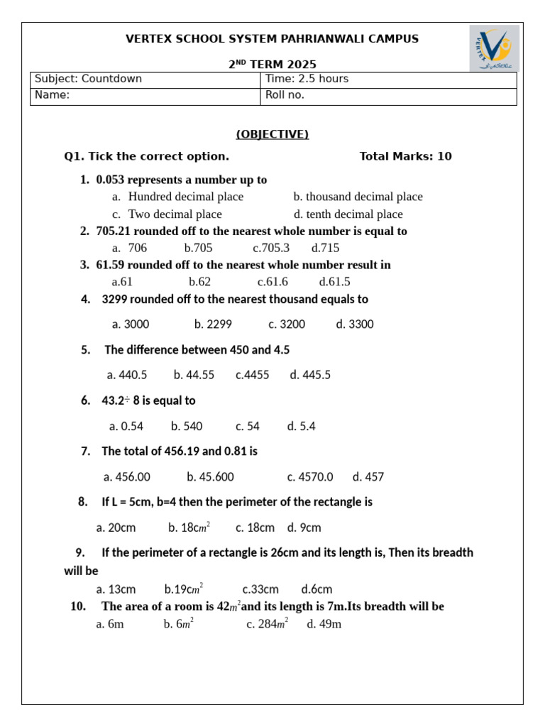 Grade 4th Math 2nd Term Paper | PDF | Area | Elementary Mathematics