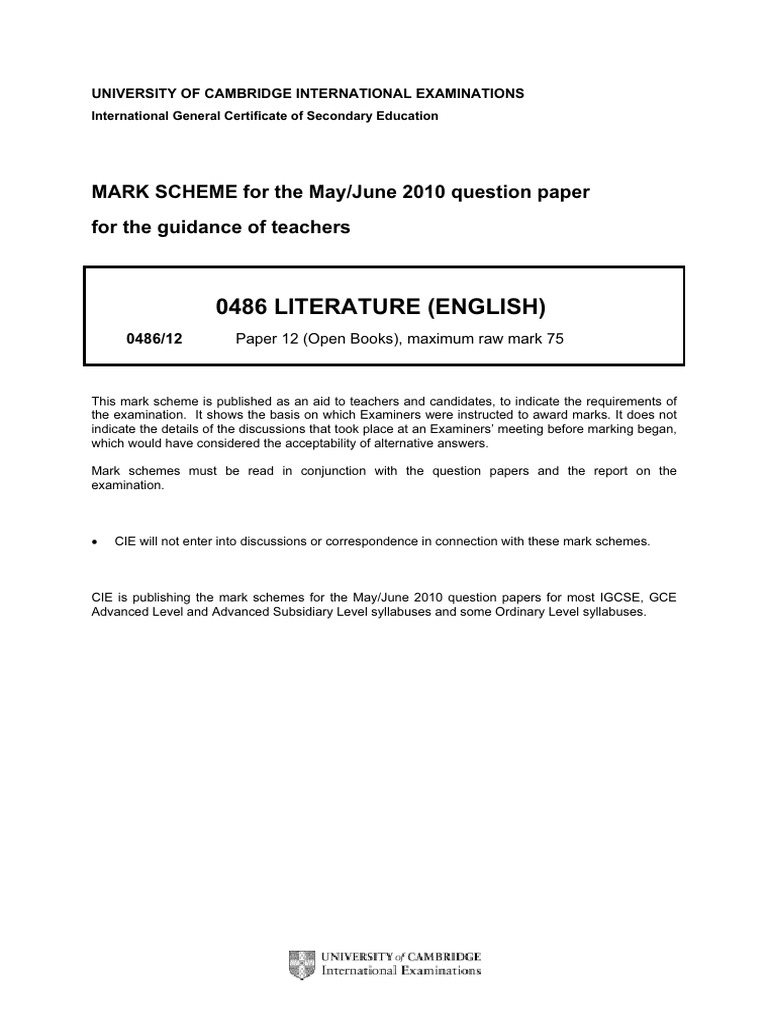 0486 Literature (English) : MARK SCHEME For The May/June 2010 Question ...