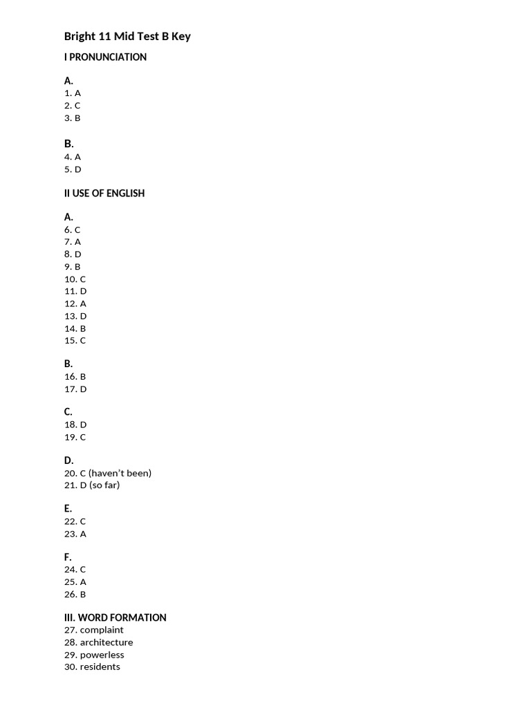 Bright 11 Mid Test B Key (3!2!2023) | PDF