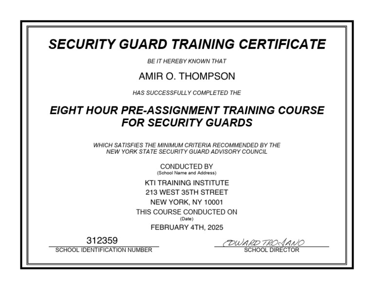 Amir O. Thompson 8-Hour Pre-Assignment Training Course Certificate PDF ...