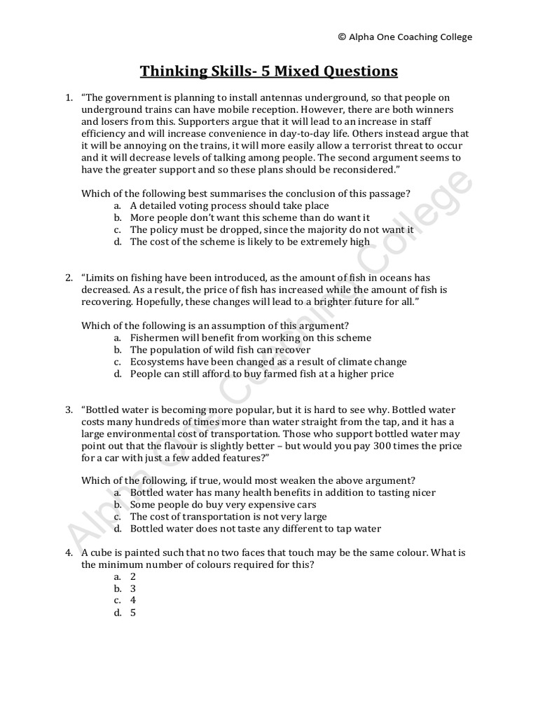 Thinking Skills: Mixed Questions & Answers | PDF