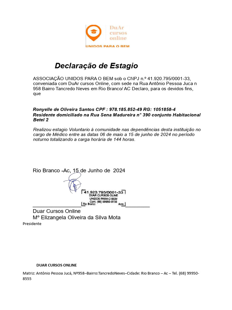 Declaração 2024 Rony (144hrs) | PDF