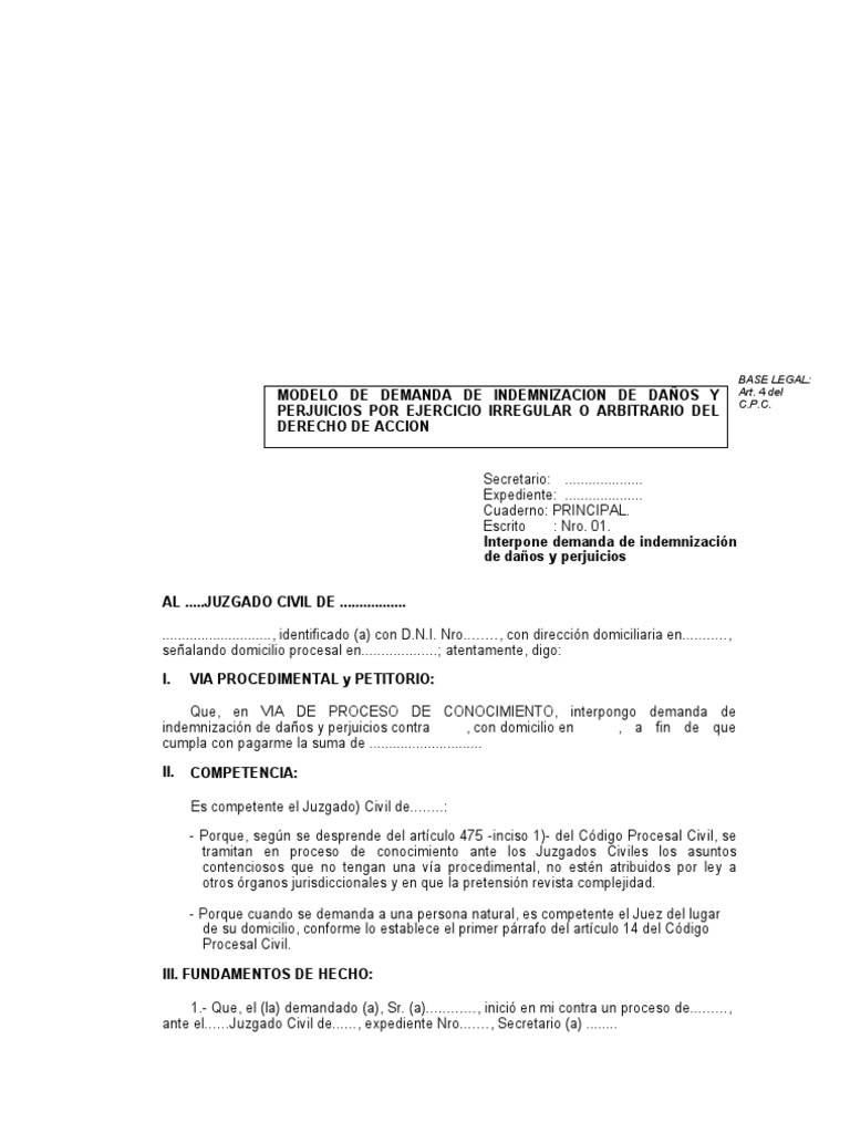 Modelo De Demanda De Indemnizacion De Danos Y Perjuicios Por Ejercicio Irregular O Arbitrario Del Derecho De Accion Demanda Judicial Ley Procesal