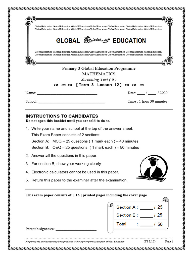 Primary 3 Mathematics Screening Test | PDF