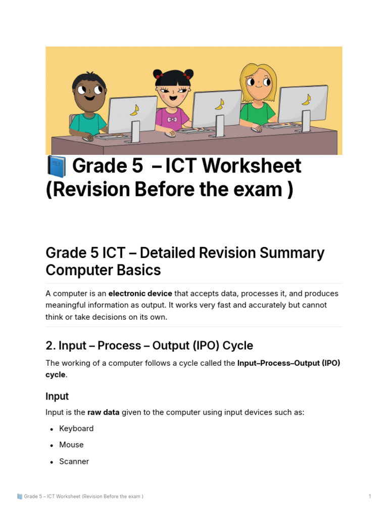 Grade 5 ICT Revision Worksheet | PDF | Computer Network | Input/Output