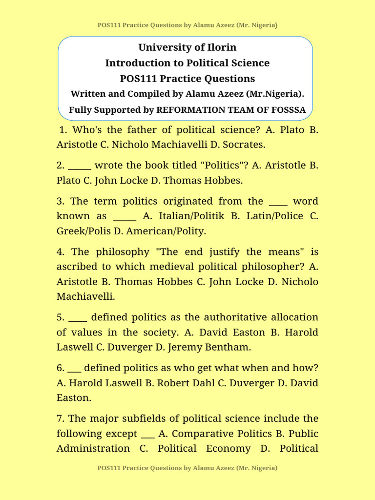 POS111 Political Science Practice Questions | PDF