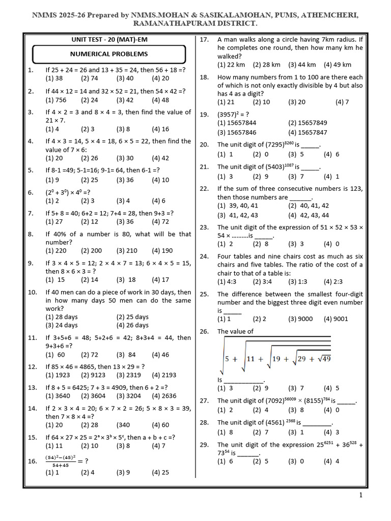 NMMS 2025-26 Unit Test Math Problems | PDF | Chess